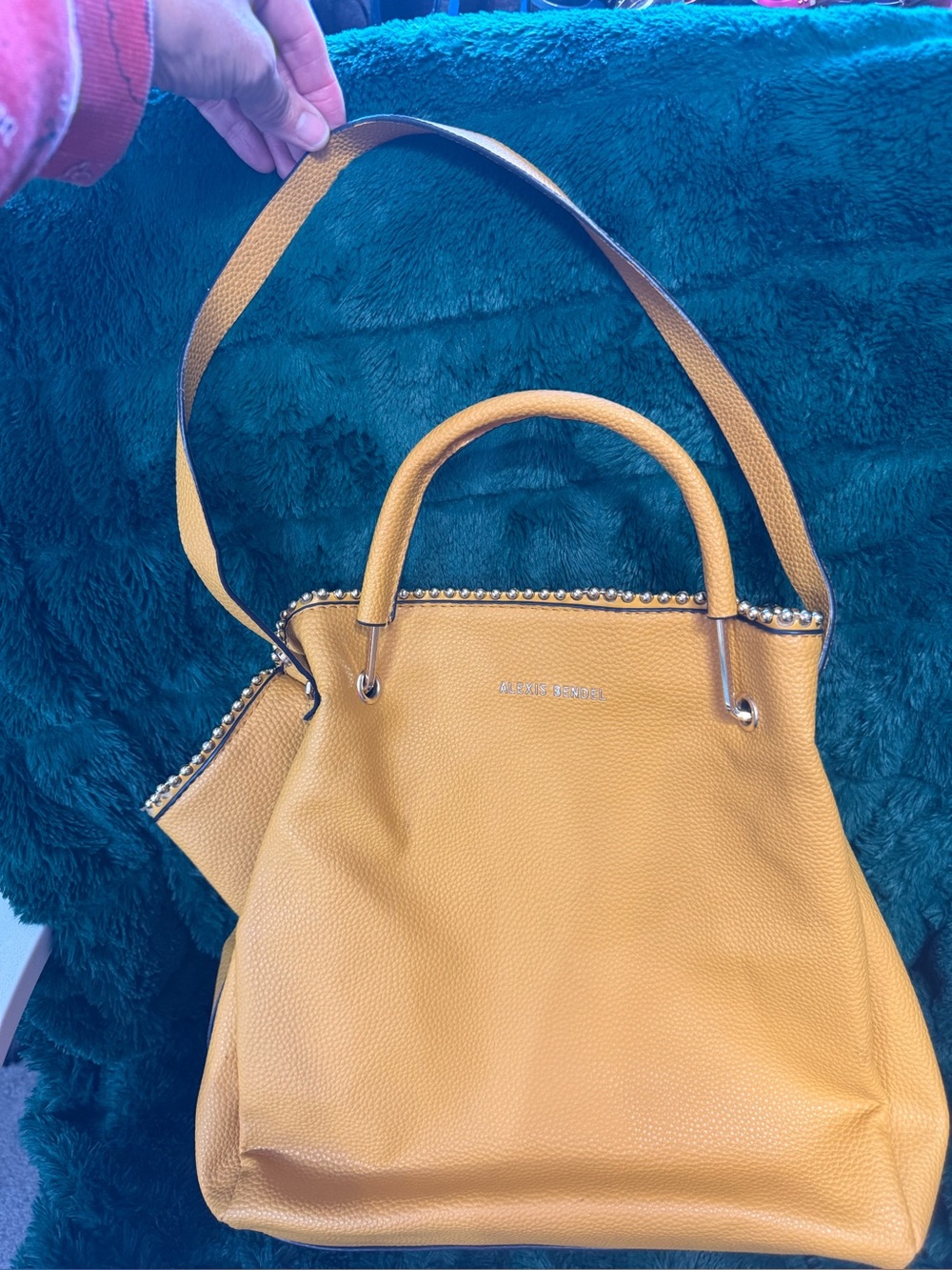 Yellow Pebbled Shoulder Tote with Stud Trim - Women